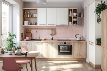Modern Kitchen Interior with Pink Tile Backsplash and Wooden Cabinets
