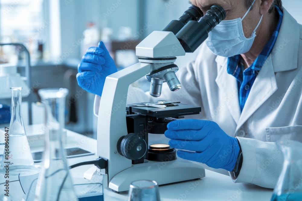 Aufkleber Scientist using microscope examining sample in laboratory researching virus cure
