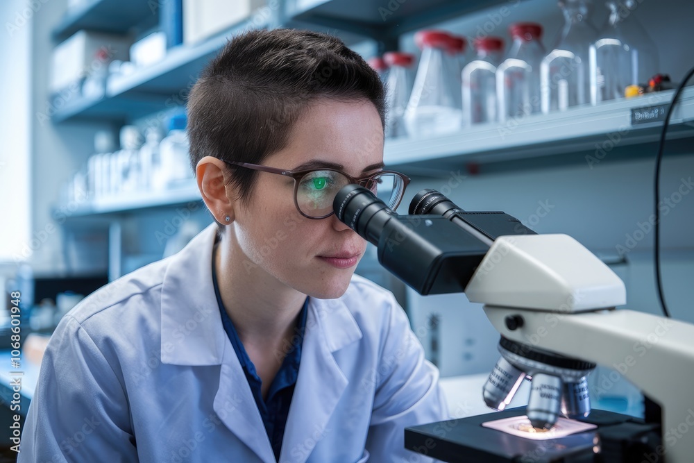 Poster Female scientist working with a microscope in a modern laboratory: scientific research is progressing