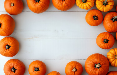 A collection of bright orange pumpkins surround a white wooden surface, creating a festive backdrop for autumn