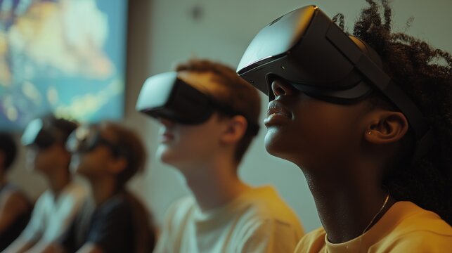 Students using vr headsets in a smart classroom enhance engagement and interactive learning.
