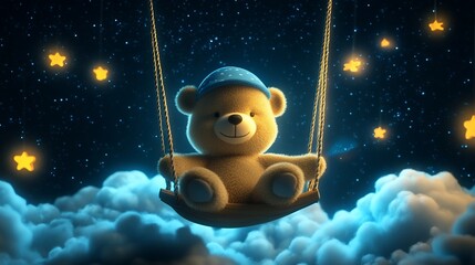 A cute teddy bear wearing a nightcap, sits on a swing in a sky full of clouds and stars.