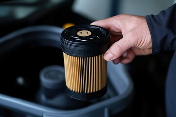 Mechanic holding new car air filter for replacement