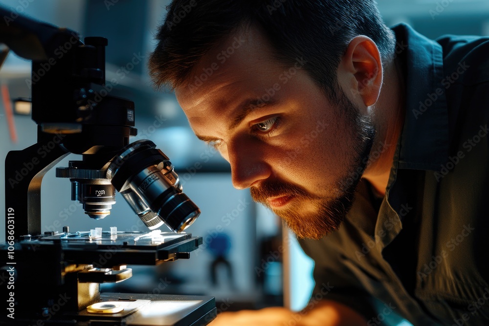 Poster male scientist conducting research using a microscope in a laboratory