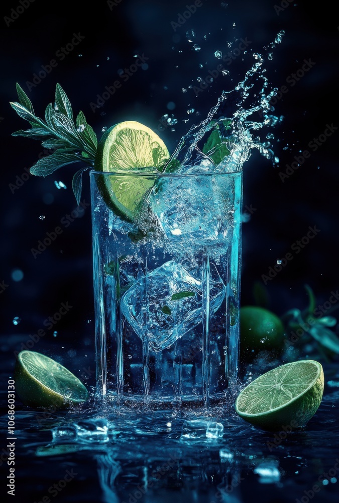 Poster a glass of mojito with ice cubes, mint leaves, and lime slices splashing in the water, against a blu