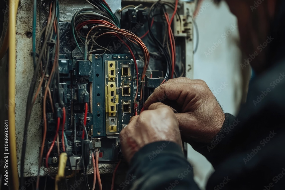 Aufkleber Electrician connecting wires in fuse box working on electrical system
