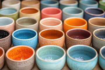 Colorful ceramic bowls displaying earthy tones and rustic textures