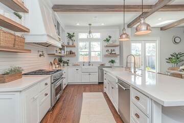 White Kitchen with Exposed Wooden Beams and Stainless Steel Appliances