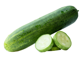Side view of fresh green cucumber with slices in circle shape in stack isolated with clipping path in png file format