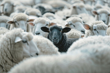 One black sheep between flock of white sheep