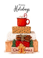 Cute Christmas illustration with gift boxes, gingerbread man, red cup with marshmallows and candy, cinnamon and winter sweater. Winter clipart