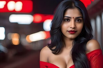 A beautiful Indian woman in a red top standing in front of a nightclub 