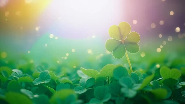 Spring field with clover leaves in sunny day after rain with rainbow. St Patrick Day shamrock holiday symbol. Beautiful lawn or meadow. Farming and cattle pasture
