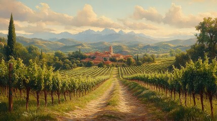 Naklejka premium idyllic mediterranean vineyard scene, painted in soft pastels, showcasing rolling hills of grapevines under a gentle sky, radiating rustic charm and a tranquil countryside vibe