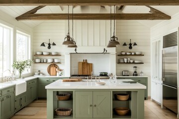 Green Kitchen Island with Farmhouse Style and Exposed Beams