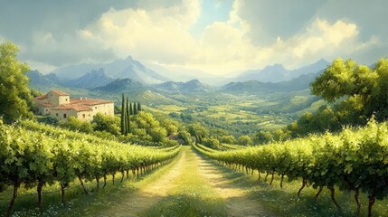 Naklejka premium idyllic mediterranean vineyard scene, painted in soft pastels, showcasing rolling hills of grapevines under a gentle sky, radiating rustic charm and a tranquil countryside vibe