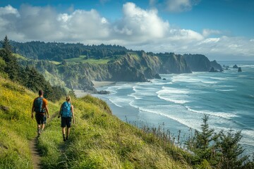 Fototapeta premium Hikers walking on scenic trail overlooking oregon coast on sunny day