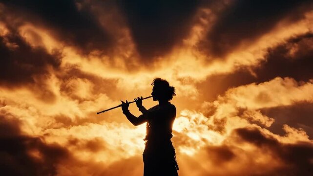 Silhouette of Hindu god Lord Krishna playing flute on sunset. Krishna Janmashtami, Govardhan Puja. Indian religious festival. Culture and religion concept 