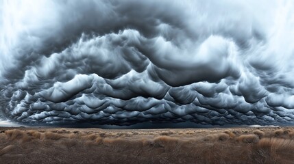 Dramatic, swirling storm clouds enveloping the sky over a barren, dry landscape with sparse vegetation, creating a sense of impending weather change or storm.