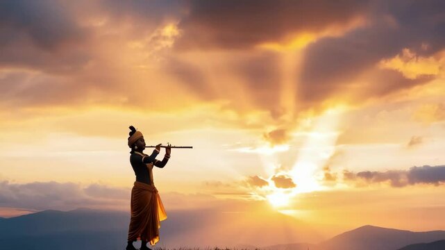 Silhouette of Hindu god Lord Krishna playing flute on sunset. Krishna Janmashtami, Govardhan Puja. Indian religious festival. Culture and religion concept 