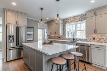 Fototapeta premium Modern Kitchen with Stainless Steel Appliances and White Cabinets