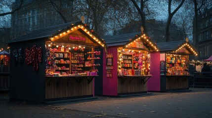 Christmas market stalls selling sweets and festive goods at dusk