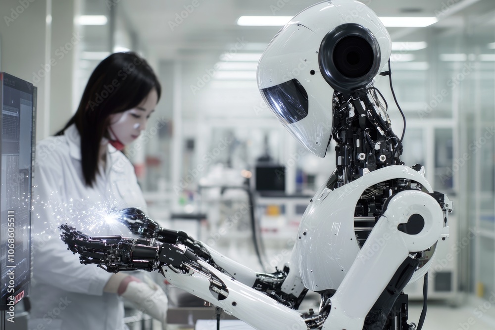 Fototapete humanoid robot showing futuristic artificial intelligence in robotics laboratory