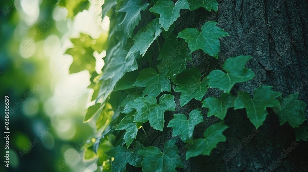 Wall mural Green ivy climbing tree trunk in forest sunlight