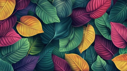 Obraz premium A vibrant tapestry of tropical leaves in various shades of green, yellow, and purple, creating a lush visual feast.