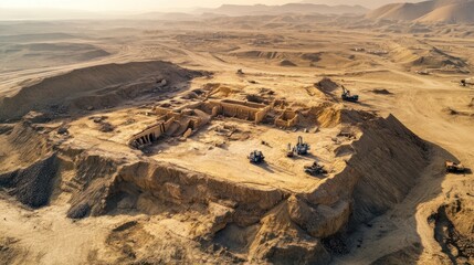 Fototapeta premium Archaeological drone photography capturing aerial views of a massive excavation site in the desert