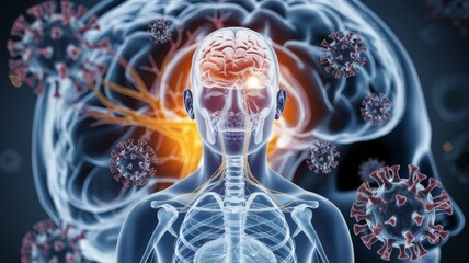 The consequences of coronavirus infection. In the foreground there is a silhouette of a man with an emphasis on the brain and nervous system. There are small viral particles around the silhouette.