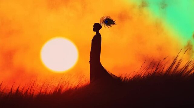 Silhouette of Hindu god Lord Krishna with peacock feather on sunset. Krishna Janmashtami, Govardhan Puja. Indian religious festival. Culture and religion concept 