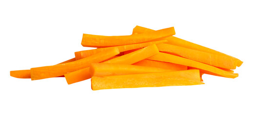 Side view of orange carrot slices in stick shape in stack isolated on white background with clipping path