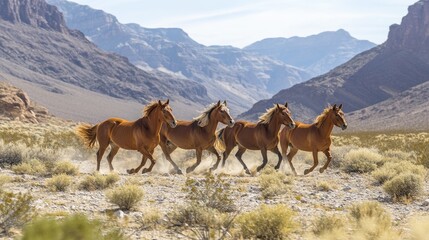 Fototapeta premium Wild horses running free in desert landscape with mountains
