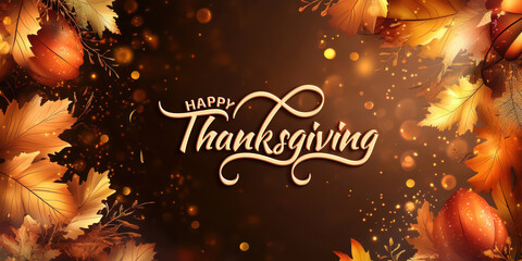 Happy Thanksgiving Day Banner with Autumn Leaves and Pumpkins in Bokeh Background.