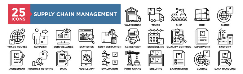 Supply Chain Management icon collection set. Containing design management, industry, business, logistics, delivery, technology, supply