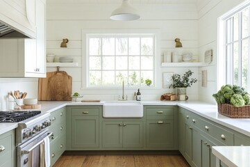 Fototapeta premium Farmhouse Kitchen with Green Cabinets, White Countertops, and a Window with Natural Light