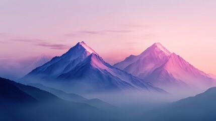 Fototapeta premium Breathtaking mountain landscape at dawn, showcasing misty peaks bathed in soft pink and purple hues.