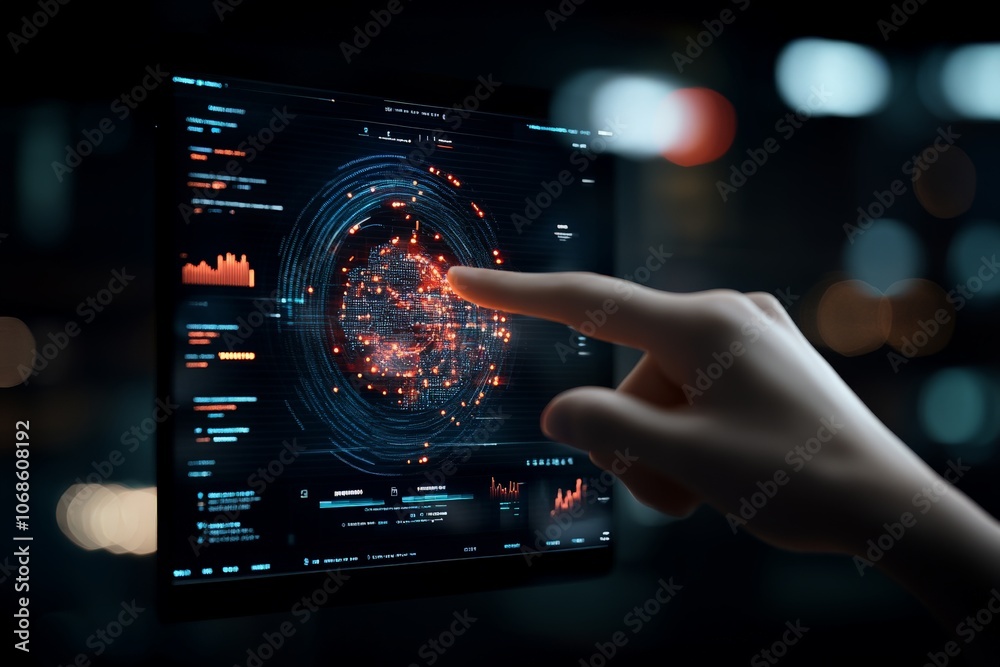 Poster a hand interacts with a futuristic digital global data interface, highlighting the seamless blend of