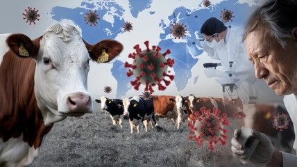 A photo depicting the health crisis caused by the H5N1 avian flu. On one side is a cow, and next to it is a male farmer, and viral particles floating in the air.