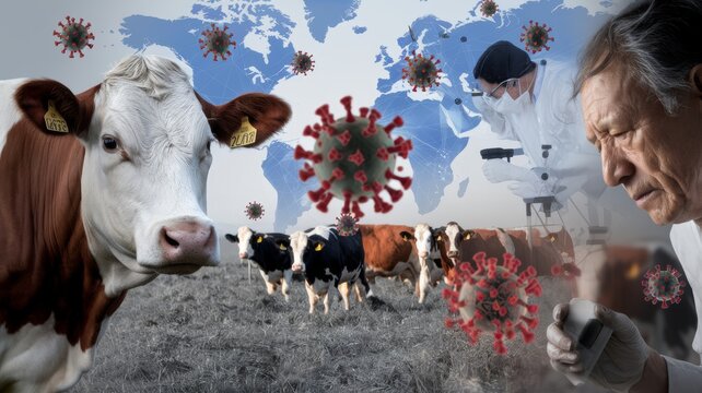 A photo depicting the health crisis caused by the H5N1 avian flu. On one side is a cow, and next to it is a male farmer, and viral particles floating in the air.