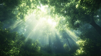 Fototapeta premium A serene forest scene with sunlight filtering through lush green foliage, creating a tranquil atmosphere.