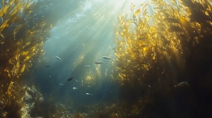 Obraz premium Sunlit kelp forest underwater with small fish.