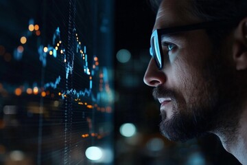 A professional stares intently at a digital display of stock market data, demonstrating deep focus and analysis, framed by ambient modern lighting.