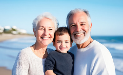 Fototapeta premium Happy senior couple with young grandchild on beach, representing family bonding and joyful moments together. 