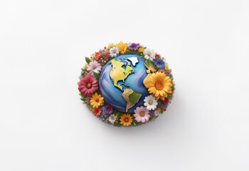 A blue and green globe is surrounded by a wreath of colorful flowers on a white background.
