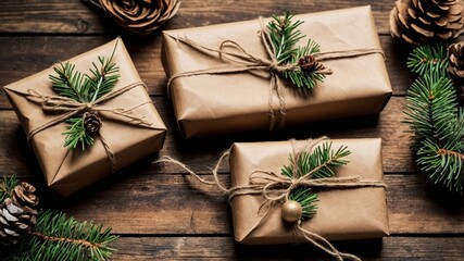 Eco-friendly Christmas gift wrapping with natural pine branches, creating a rustic and sustainable holiday look with minimalistic charm