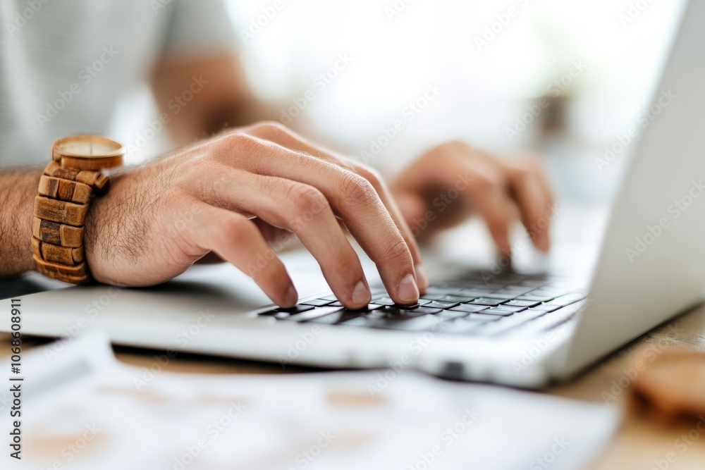 Poster hands type swiftly and efficiently on a laptop keyboard in a close-up shot, illustrating the focus a