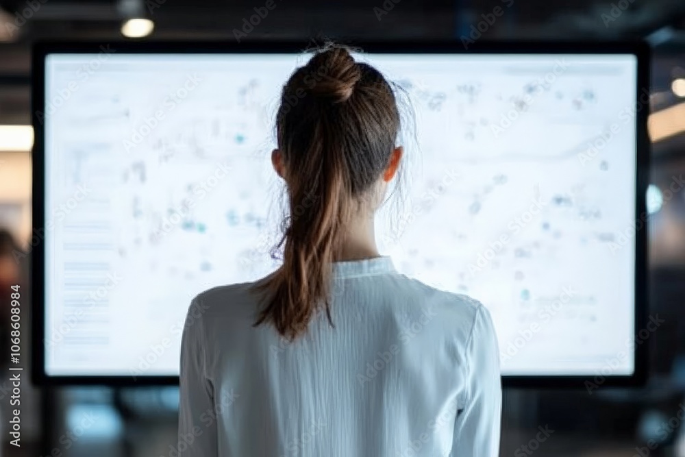 Poster a woman in a professional setting is focused on a large digital screen displaying intricate diagrams