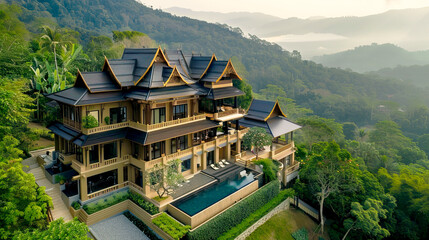 Fototapeta premium Stunning aerial view of a modern luxury villa surrounded by lush greenery and mountains, overlooking a serene landscape.